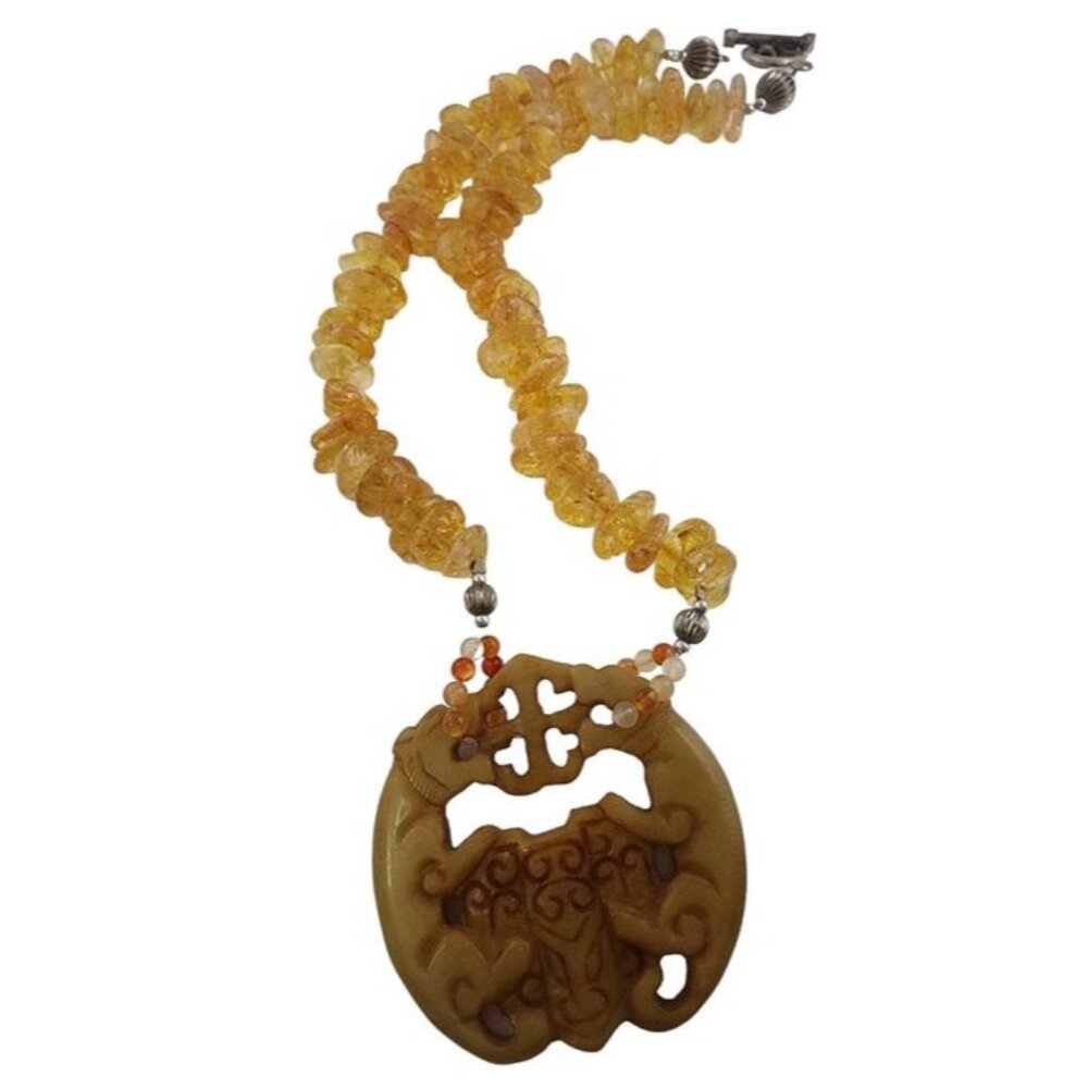 Asian Figural Double Sided Jade Pendant w/ Amber and Agate Beaded Necklace
